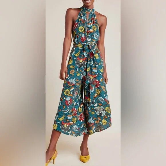 Anthropologie Geneva Halter Wide Leg Floral Jumpsuit Romper Keyhole Feminine - Picture 3 of 14